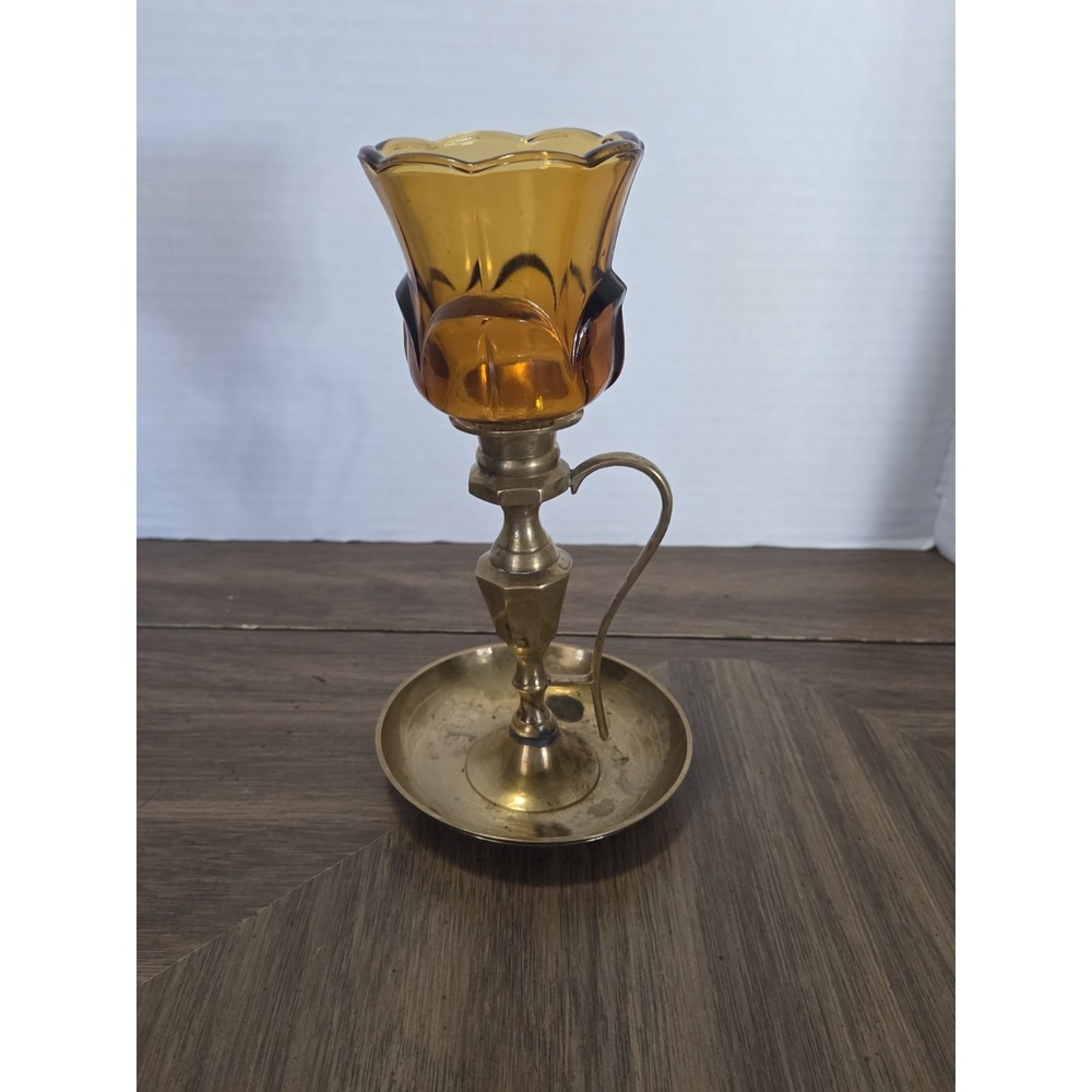 vintage brass chamberstick candle holder With Amber Glass Tulip